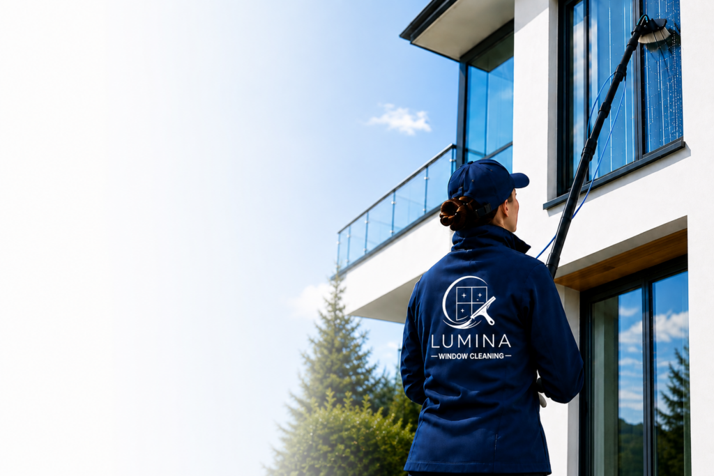 Lumina Window Cleaning operate using water-fed pole system to clean upper-story windows in Pembrokeshire, UK.